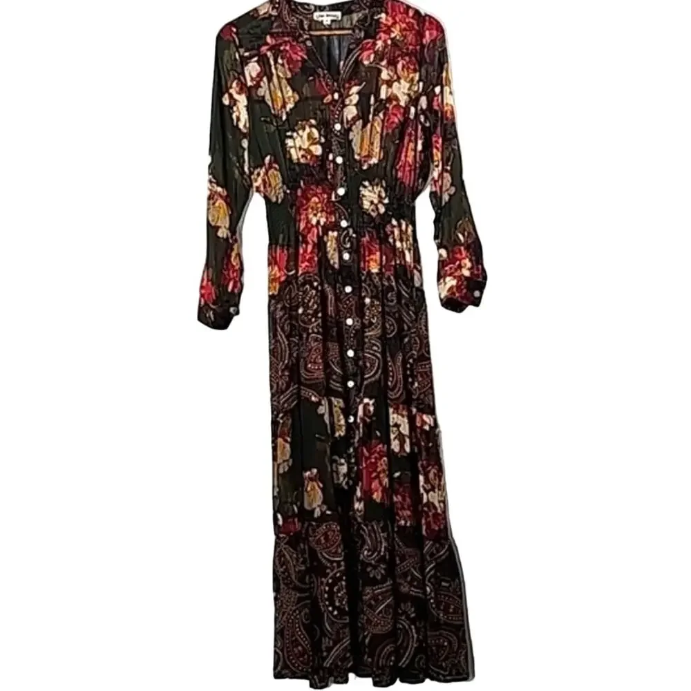 Women Sz S Maxi Sheer Dark Floral Fairy BOHO Tiered Ruffle Smocked Dress